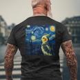 ゴッホの星空を見つめるかわいいオカメインコ 星月夜 メンズTシャツ バックプリント 高齢者への贈り物