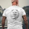 ポメラニアンポンポン犬のランニングデザインのアイデア メンズTシャツ バックプリント 高齢者への贈り物