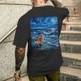 ペンブローク ウェールズ コーギー 犬 星月夜 ビーチ アートワーク メンズTシャツ バックプリント 彼への贈り物