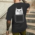 中指 猫 ポケット 面白い 漫画 猫 ホワイト プレミアム メンズTシャツ バックプリント 彼への贈り物