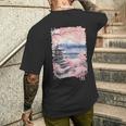 富士山 日本 桜 ヴィンテージ アニメ アート ピンク メンズTシャツ バックプリント 彼への贈り物