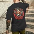 芸者 日本の鬼のお面 妖怪 侍 刀 カタナ 刀 メンズTシャツ バックプリント 彼への贈り物