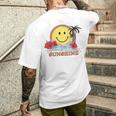 レトロなハッピーフェイス ハイビスカス ヤシの木「太陽に生きる」ビーチ メンズTシャツ バックプリント 彼への贈り物