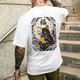 日本の浮世絵 黒子猫 鬼 マスク 魚 ハッピーチャンス アート メンズTシャツ バックプリント 彼への贈り物