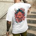 日本の鬼妖怪 悪魔 桜 般若鬼 おに面 メンズTシャツ バックプリント 彼への贈り物