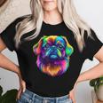 カラフル ペキニーズ犬の顔 かわいい 子犬好き 男性 女性 黒 レディースTシャツ 彼女への贈り物
