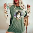 かわいい フラワー シェルティ 夏 花柄 シェットランド シープドッグ レディースオーバーサイズコンフォートTシャツ Moss