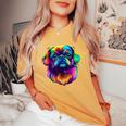 カラフル ペキニーズ犬の顔 かわいい 子犬好き 男性 女性 黒 レディースオーバーサイズコンフォートTシャツ Mustard