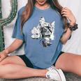 マグノリアの花と美しい猫 レディースオーバーサイズコンフォートTシャツ Blue Jean