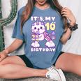 誕生日の女の子10歳、猫、ユニコーン、10歳の誕生日 レディースオーバーサイズコンフォートTシャツ Blue Jean