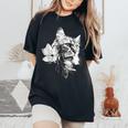 マグノリアの花と美しい猫 レディースオーバーサイズコンフォートTシャツ Black