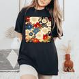 日本のヴィンテージ花柄着物 レディースオーバーサイズコンフォートTシャツ Black