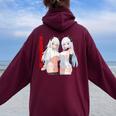 Waifu セクシー アニメ 女の子 メガネ 角 和風 レディース オーバーサイズ パーカー バックプリント Maroon