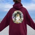かわいい フラワー シェルティ 夏 花柄 シェットランド シープドッグ レディース オーバーサイズ パーカー バックプリント Maroon