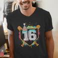 16th Birthday Baseball Drip Number 16 Year Old Birthday Boy Men's V-Neck T-Shirt 16th Birthday Baseball Drip Number 16 Year Old Birthday Boy Men's V-Neck T-Shirt