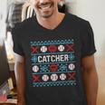 Baseball Catcher Ugly Christmas Sweater Pattern Sports Xmas Men's V-Neck T-Shirt Baseball Catcher Ugly Christmas Sweater Pattern Sports Xmas Men's V-Neck T-Shirt