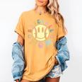 Groovy Retro Floral Happy Smiling Face Baseball Mom Women's Comfort Colors T-Shirt Mustard Groovy Retro Floral Happy Smiling Face Baseball Mom Women's Comfort Colors T-Shirt Mustard