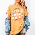 Hit Hard Run Fast Turn Left Baseball Fan Red Graphic Women's Comfort Colors T-Shirt Mustard