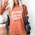 Hit Hard Run Fast Turn Left Baseball Fan Red Graphic Women's Comfort Colors T-Shirt Yam