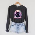 Book Lover Crystal Witchy Cute Cat Kawaii Pastel Goth Raglan Sleeve Sweatshirt Dark Grey Heather