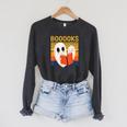 Cute Ghost Book Reading Halloween Teacher Puns Booooks For Men Women Kids Raglan Sleeve Sweatshirt Dark Grey Heather