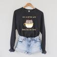 Life Is Better With Books Cats And Coffee Cute Kitten Raglan Sleeve Sweatshirt Dark Grey Heather