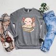 Cute Axolotl Reading Books Shirt Kawaii Axolotl Lover Raglan Sleeve Sweatshirt Deep Heather