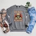 Heavy Reading Book Lover Skeleton Ironic Graphic Raglan Sleeve Sweatshirt Deep Heather