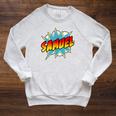 Boys Samuel Comic Book Superhero Name Raglan Sleeve Sweatshirt Heather Mustard