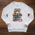 Cat Read Books Be Kind Stay Weird Library Book Lover Raglan Sleeve Sweatshirt Heather Mustard