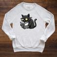 Cat Reading a Book Nerd Kitty Bookworm Raglan Sleeve Sweatshirt Heather Mustard