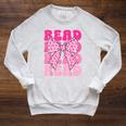 Pink Leopard Read Coquette Bow Girls Retro Groovy Reading Raglan Sleeve Sweatshirt Heather Mustard