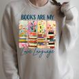 Book Lover Reading Brushstroke Books Are My Love Language Raglan Sleeve Sweatshirt Heather Forest