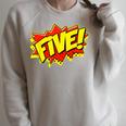 Boy Five Superhero Comic Book Hero 5th Birthday Boy 5 Years Raglan Sleeve Sweatshirt Heather Forest