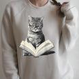 Cat Bookworm Reading Book Graphic Raglan Sleeve Sweatshirt Heather Forest