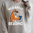 Cool Tiger Reading Book Wild About Reading Kids Books Reader Raglan Sleeve Sweatshirt Heather Forest