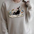 Cute Cat Flower Garden Book Kitty Reading Floral Raglan Sleeve Sweatshirt Heather Forest
