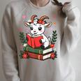 Goat Reading Book Graphic With Floral Raglan Sleeve Sweatshirt Heather Forest