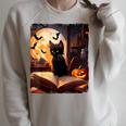 Halloween Cat Reading Books Spooky Cat Reader Teachers Raglan Sleeve Sweatshirt Heather Forest