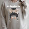 Librarian Teacher Messy Bun Life Book Library Back To School Raglan Sleeve Sweatshirt Heather Forest