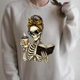 Skeleton Girl Drinking Coffee And Reading Book Raglan Sleeve Sweatshirt Heather Forest