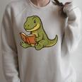 T-Rex Dinosaur Reading Book Nerd Raglan Sleeve Sweatshirt Heather Forest