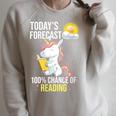 Women's 100 Chance Of Reading Book Lover Unicorn Raglan Sleeve Sweatshirt Heather Forest