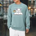 Cute Cat Book Reading Coffee Raglan Sleeve Sweatshirt Cardinal