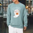 Cute Ghost Book Reading Halloween Teacher Top Raglan Sleeve Sweatshirt Cardinal