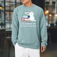 Life Is Better With Coffee Cats And Books Book Lover Raglan Sleeve Sweatshirt Cardinal