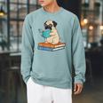 Reading Pug Bookworm Cute Pug With Glasses Books Raglan Sleeve Sweatshirt Cardinal