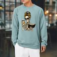 Skeleton Girl Drinking Coffee And Reading Book Raglan Sleeve Sweatshirt Cardinal