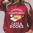 A Good Day Starts With Cats & Books Raglan Sleeve Sweatshirt Heather Dust