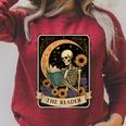 Halloween Tarot Card The Reader Skeleton Reading Books Raglan Sleeve Sweatshirt Heather Dust